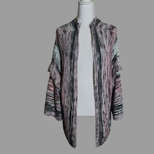 Coverstitched Women’s Chunky Knit Cardigan S/M Pink Gray Black Open Front...